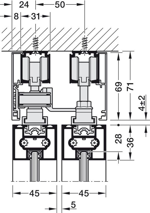 Фурнітура для розсувних дверей, телескопічне відкриття Hafele Slido D-Line11 80C| Для алюмінієвих рамних дверей, ширина дверей 600–1250 мм, товщина панелі 5–8,7 мм, для монтажу на стелю, для 2 дверей, вага дверей до 80 кг, 941.03.032, 941.03.032