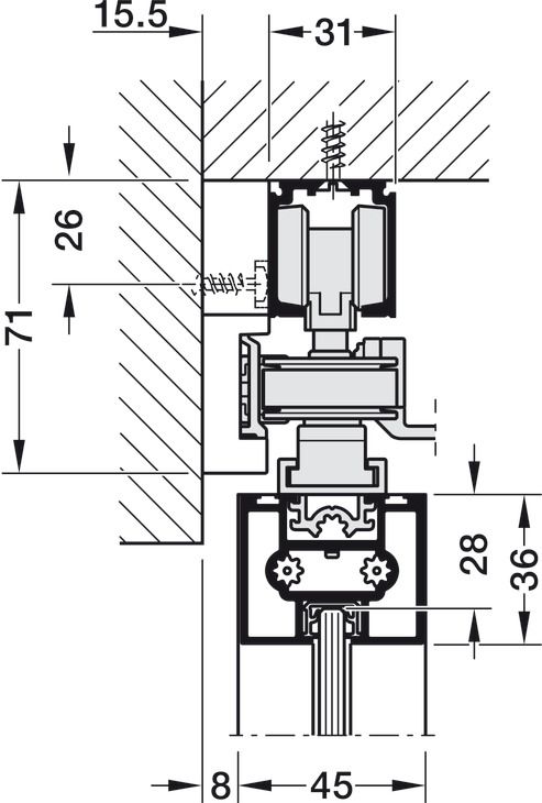Фурнітура для розсувних дверей, телескопічне відкриття Hafele Slido D-Line11 80C| Для алюмінієвих рамних дверей, ширина дверей 600–1250 мм, товщина панелі 5–8,7 мм, для монтажу на стелю, для 3 дверей, вага дверей до 80 кг, 941.03.033, 941.03.033