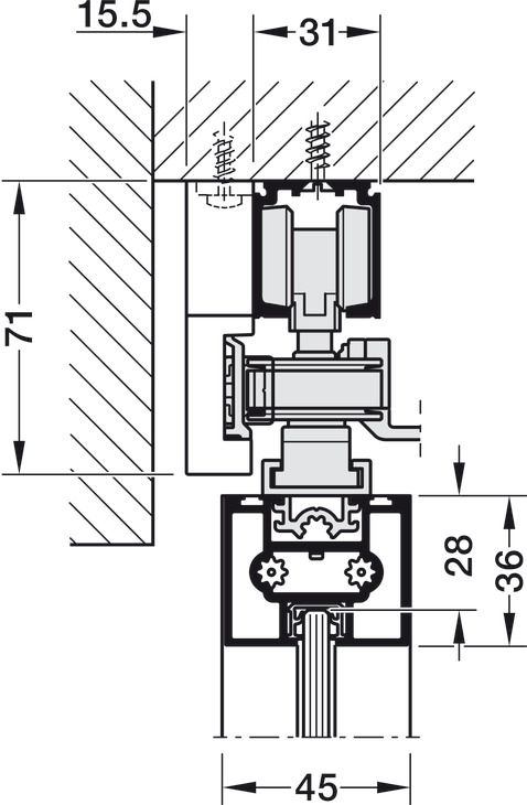 Фурнітура для розсувних дверей, телескопічне відкриття Hafele Slido D-Line11 80C| Для алюмінієвих рамних дверей, ширина дверей 600–1250 мм, товщина панелі 5–8,7 мм, для монтажу на стелю, для 3 дверей, вага дверей до 80 кг, 941.03.033, 941.03.033