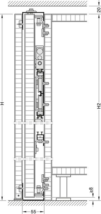 Фурнітура для розсувних дверей Pivot, Hafele Slido F-Park72 30F| Для дерев'яних розсувних дверей, Infront/Vorfront, з механізмом плавного закриття при втягуванні в кишеню, Для висоти шафи 2000–2400 мм, ліворуч, 408.45.030, 408.45.030