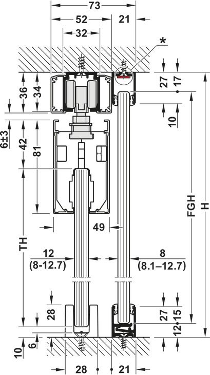 Комплет фурнітури  для розсувних дверей, Hafele Slido D-Line11 160L, для скляних розсувних дверей, кріплення до стіни або стелі, для ваги дверного полотна до 160 кг, з механізмом плавного закриття з обох боків, ширина дверного полотна: 986 мм, 941.62.039