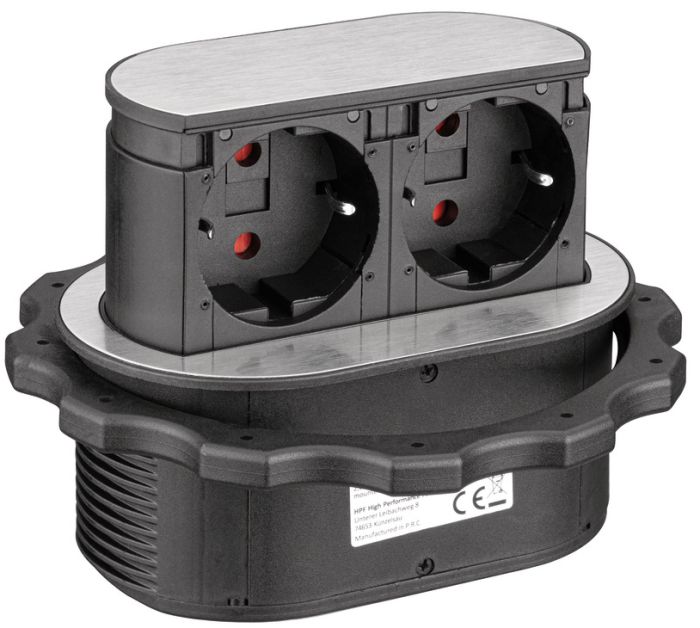 Розетковий елемент, висувний,що опускається, 230 В, для встановлення над шухлядою, 2 x розетки Schuko F (DE), кришка кольору нержавіючої сталі, 820.52.730, 820.52.730