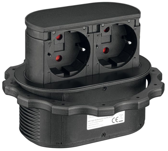 Розетковий елемент, висувний,що опускається, 230 В, для встановлення над шухлядою, 2 x розетки Schuko F (DE), чорна кришка, 820.52.731, 820.52.731