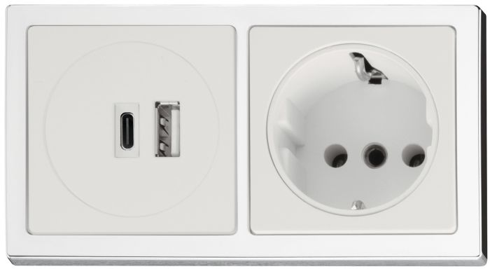 Розетка з USB-станцією для зарядки| Мережевий кабель з вилкою GST18, 230 В, біла вставка, рамка полірована хромована, 1 x USB-A, 1 x USB-C, 820.89.185, 820.89.185