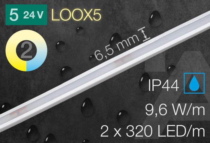 Світлодіодна стрічка в силіконовому корпусі, Hafele Loox5 LED 3085 24 В 6,5 x 6 мм, 2-контактний (2-провідна технологія Tunable White), 2 x 320 світлодіодів/м, 9,6 Вт/м, IP44 від теплого білого до холодного білого 2700 K–5000 K, довжина стрічки 5 м, кабель 2 x 1 м, 833.75.388