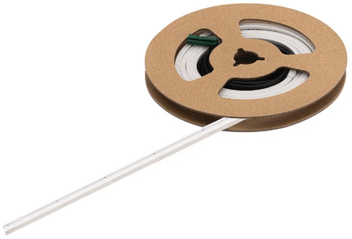 Світлодіодна стрічка з силіконовою оболонкою, Hafele Loox5 LED 3057 24V 2-контактна (монохромна), бічне випромінювання світла, для паза 3 x 6 мм, 196 світлодіодів/м, 9,6 Вт/м, IP44 3000 K, 5000 мм, з 2 паяними проводами довжиною 1 м (по 1 з кожного боку ліворуч/праворуч від стрічки), клас енергоефективності G, 833.75.421