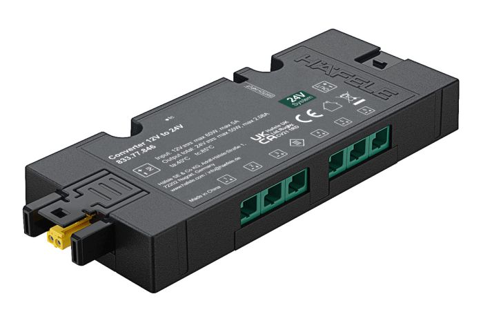 Перетворювач Hafele Loox5 для підключення пристроїв 24 V до джерела живлення 12 V, 50 Вт, з функцією перемикання, 12 В, 833.77.846, 833.77.846