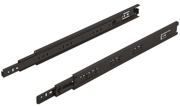 Направляюча телескоп., Hafele Matrix Runner BB A, повний висув, вантажопідйомність до 45 кг, сталь, бічне кріплення, 600 мм, з механізмом блокування в закритому положенні, товщина матеріалу: 1,2/1,2/1,4 мм, монтажна довжина: 600 мм, чорне оцинковане покриття,  432.21.377, 432.21.377