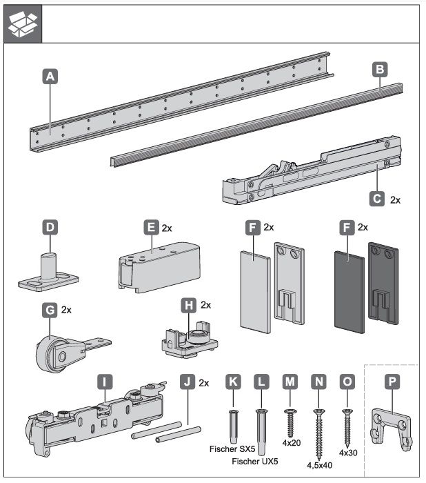 Прихована система для розсувних дверей MAGIC 2, Hafele Slido D-Line43 80M, комплект з ходовою доріжкою для 1 дверного полотна, настінний монтаж, прихована ходова система, для дверей вагою до 80 кг, Ширина полотна до 1800 мм, (940.59.009)  8302420090, 940.59.009