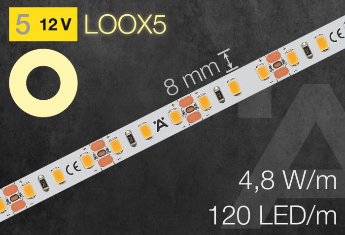 Світлодіодна стрічка Hafele Loox5 Eco LED 2069 12 В, 8 мм, 120 LED/м, 4.8 Вт/м, IP20, холодний білий 5000 К, світловий потік/м 540 лм, світлова віддача 113 лм/Вт, 5 м, (833.74.458), 833.74.458