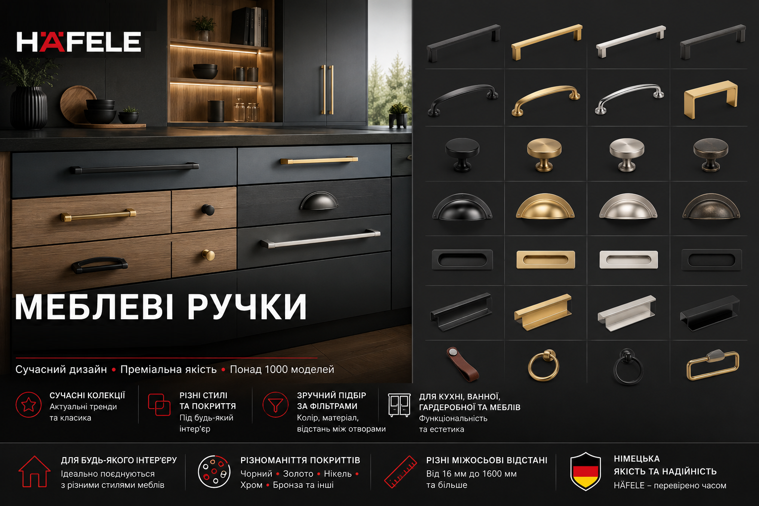 Меблеві ручки та гачки Hafele